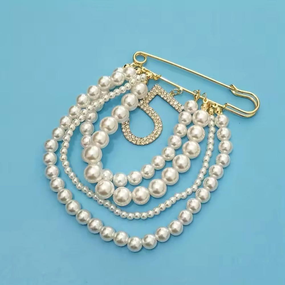 Pearl Layered Gold Brooch Pin with Crystal Charm